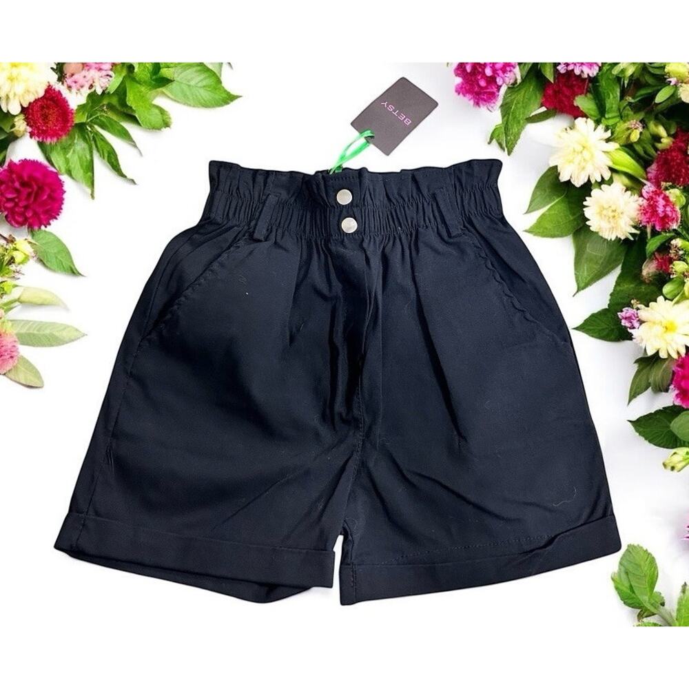 Betsy Black Paperbag Shorts Size Small Elastic Waist Cuffed 3" Inseam New